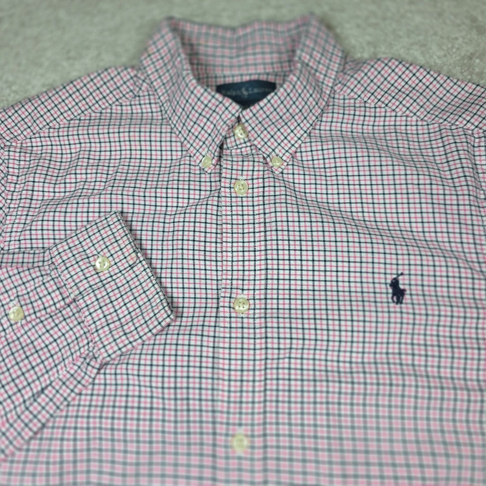 Ralph Lauren Shirt Boys XL Pink White Cotton Check Long Sleeve Button Down
